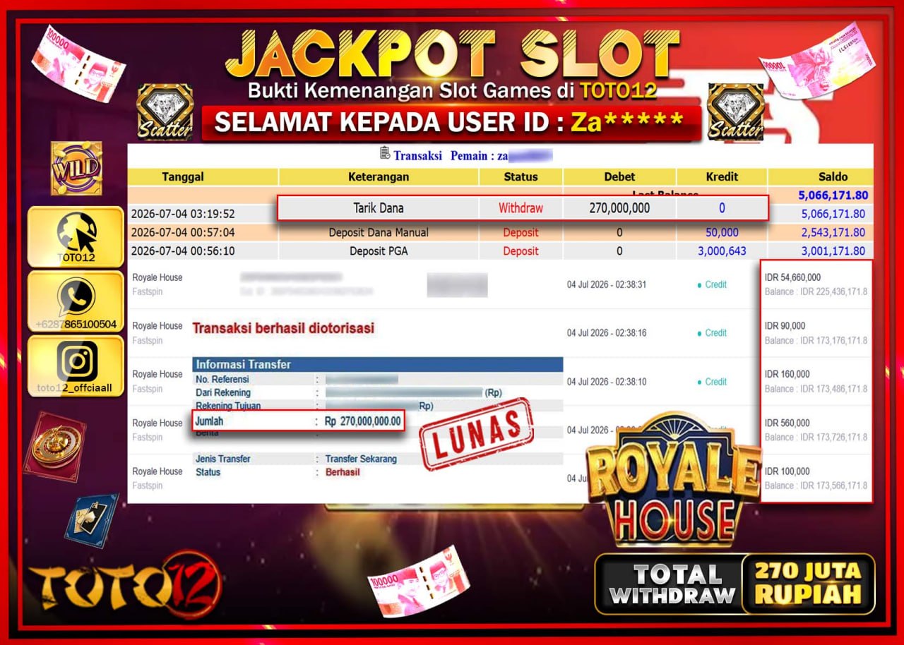 HANYA DI TOTO12 JP PASTI DI BAYAR LUNAS DAN CEPAT!!!!!! JACKPOT SLOT GAME (ROYALE HOUSE) Rp270.000.000!!!!