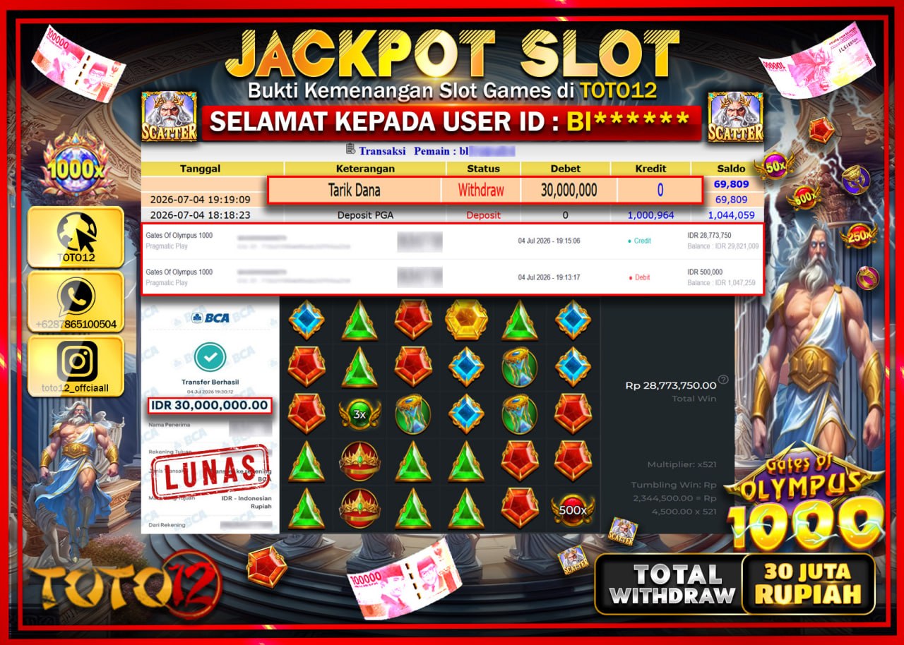 HANYA DI TOTO12 JP PASTI DI BAYAR LUNAS DAN CEPAT!!!!!! JACKPOT SLOT GAME (GATES OF OLYMPUS 1000) Rp30.000.000!!!!