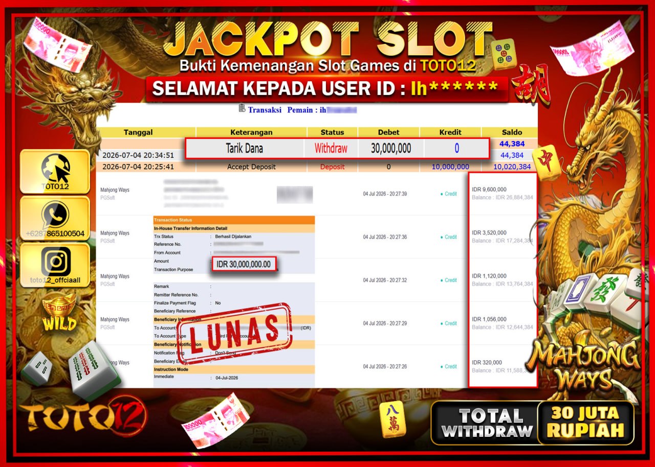 HANYA DI TOTO12 JP PASTI DI BAYAR LUNAS DAN CEPAT!!!!!! JACKPOT SLOT GAME (MAHJONG WAYS) Rp30.000.000!!!!