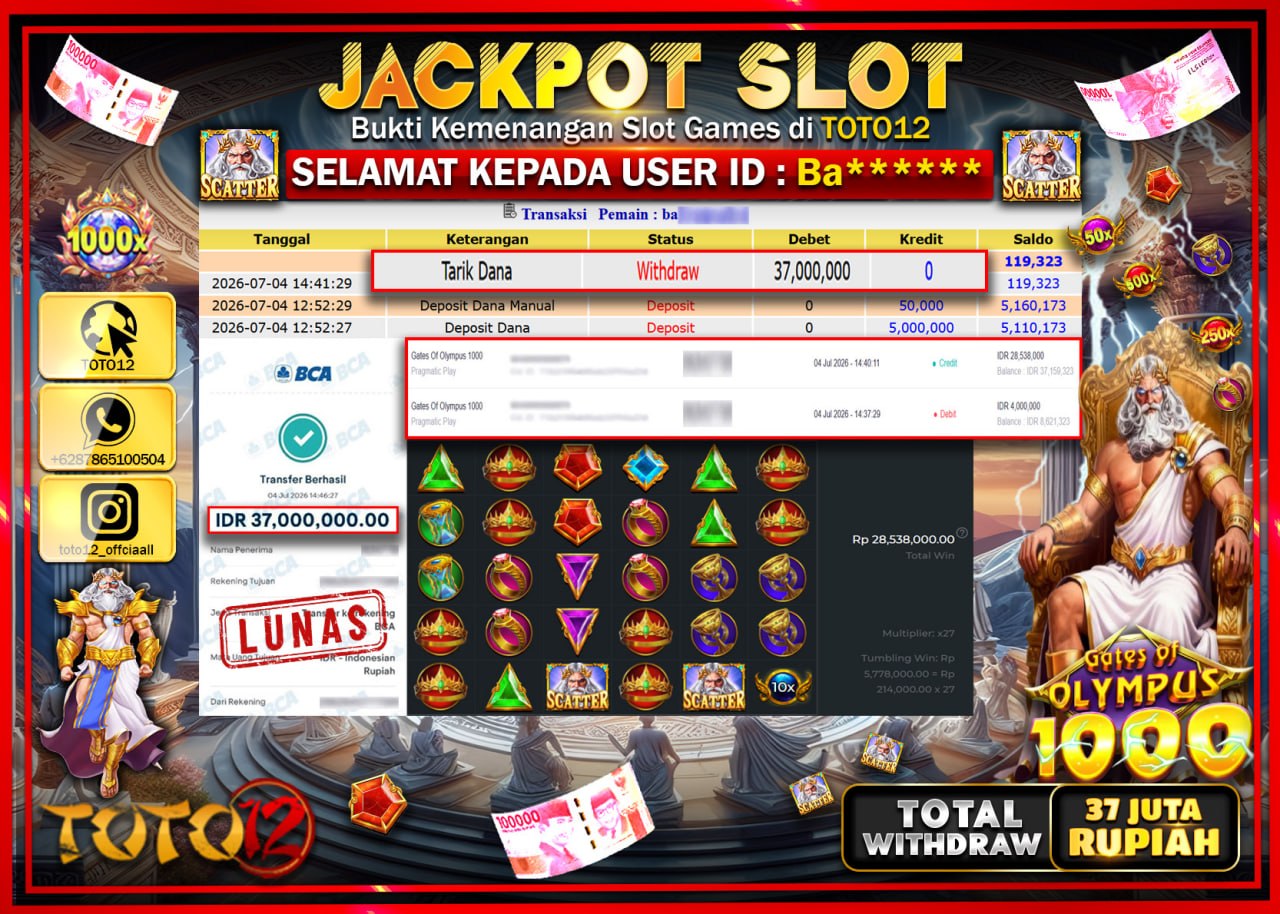 HANYA DI TOTO12 JP PASTI DI BAYAR LUNAS DAN CEPAT!!!!!! JACKPOT SLOT GAME (GATES OF OLYMPUS 1000) Rp37.000.000!!!!