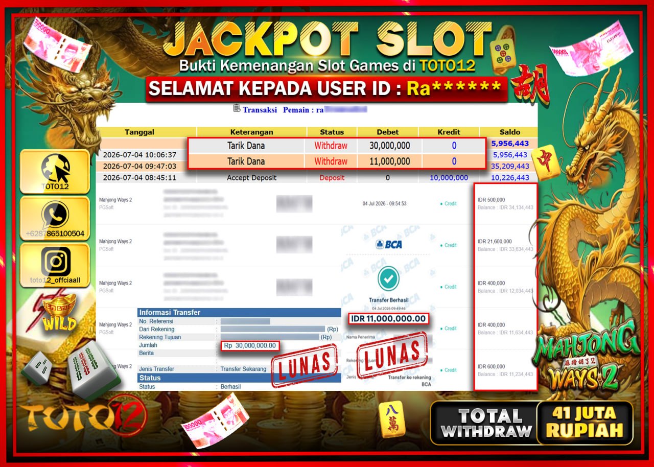 HANYA DI TOTO12 JP PASTI DI BAYAR LUNAS DAN CEPAT!!!!!! JACKPOT SLOT GAME (MAHJONG WAYS 2) Rp41.000.000!!!!