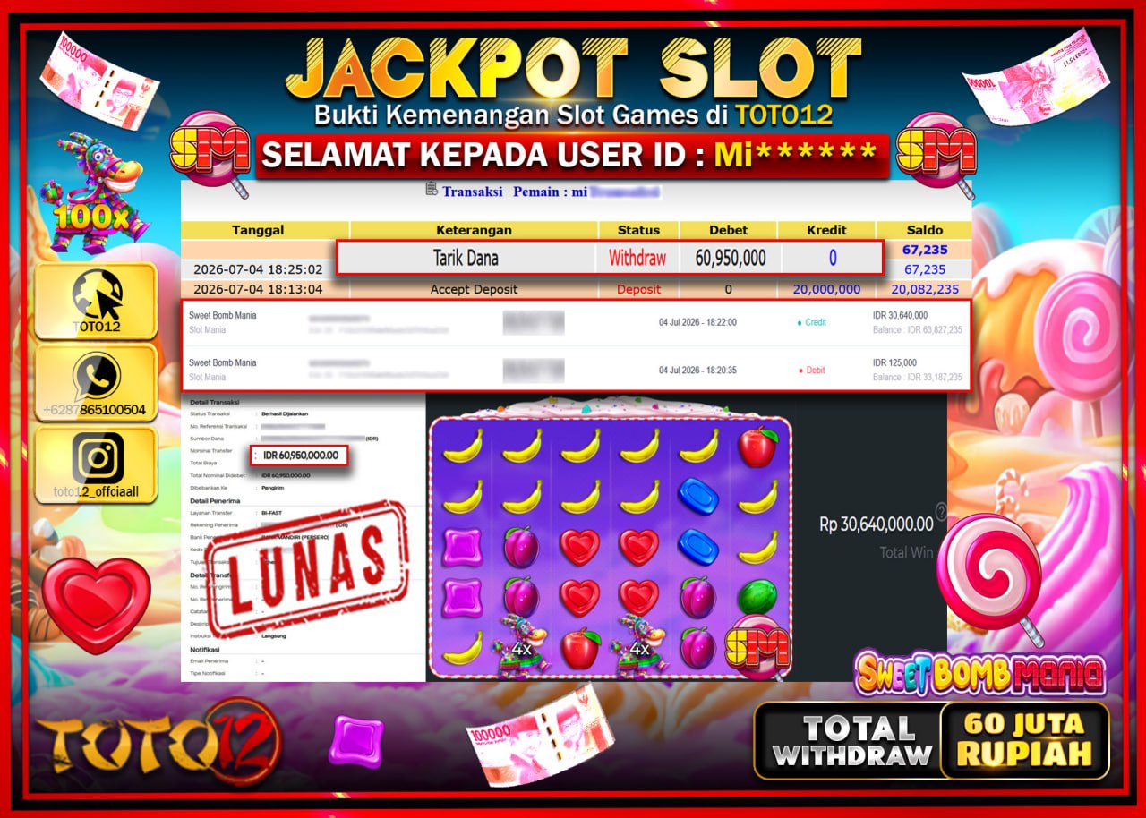 HANYA DI TOTO12 JP PASTI DI BAYAR LUNAS DAN CEPAT!!!!!! JACKPOT SLOT GAME (SWEET BOMB MANIA) Rp60.950.000!!!!