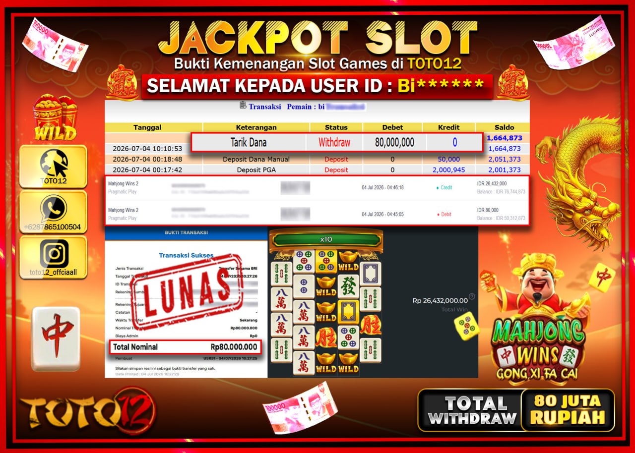 HANYA DI TOTO12 JP PASTI DI BAYAR LUNAS DAN CEPAT!!!!!! JACKPOT SLOT GAME (MAHJONG WINS GONG XI FA CAI) Rp80.000.000!!!!