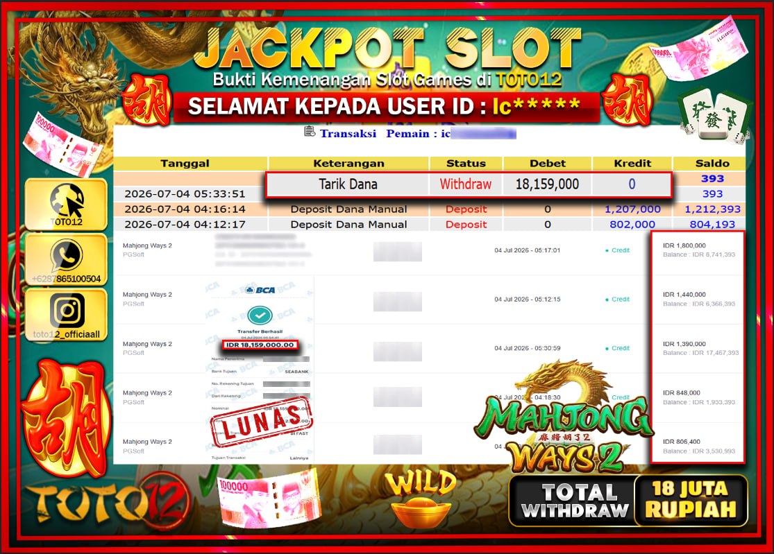 HANYA DI TOTO12 JP PASTI DI BAYAR LUNAS DAN CEPAT!!!!!! JACKPOT SLOT GAME (MAHJONG WAYS 2) Rp18.159.000!!!!