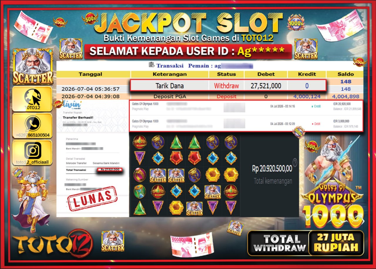 HANYA DI TOTO12 JP PASTI DI BAYAR LUNAS DAN CEPAT!!!!!! JACKPOT SLOT GAME (GATES OF OLYMPUS 1000) Rp27.521.000!!!!