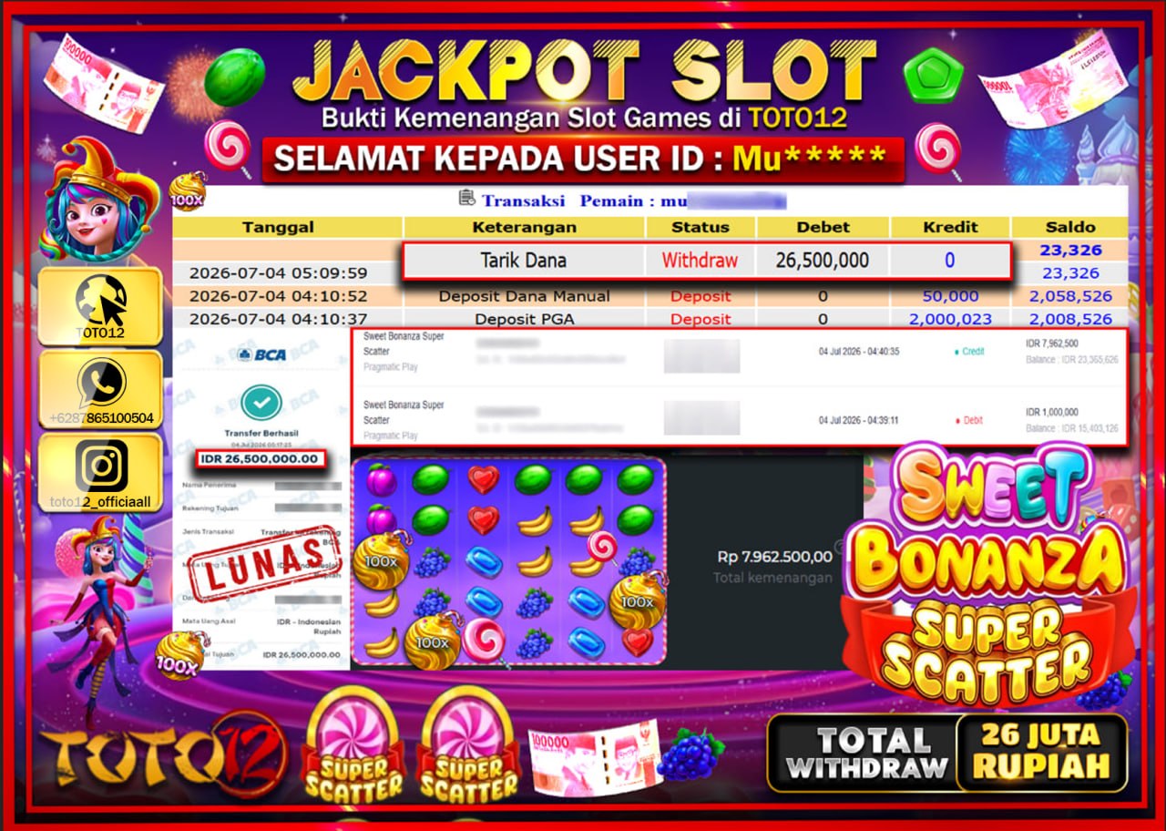 HANYA DI TOTO12 JP PASTI DI BAYAR LUNAS DAN CEPAT!!!!!! JACKPOT SLOT GAME (SWEET BONANZA SUPER SCATTER) Rp26.500.000!!!!