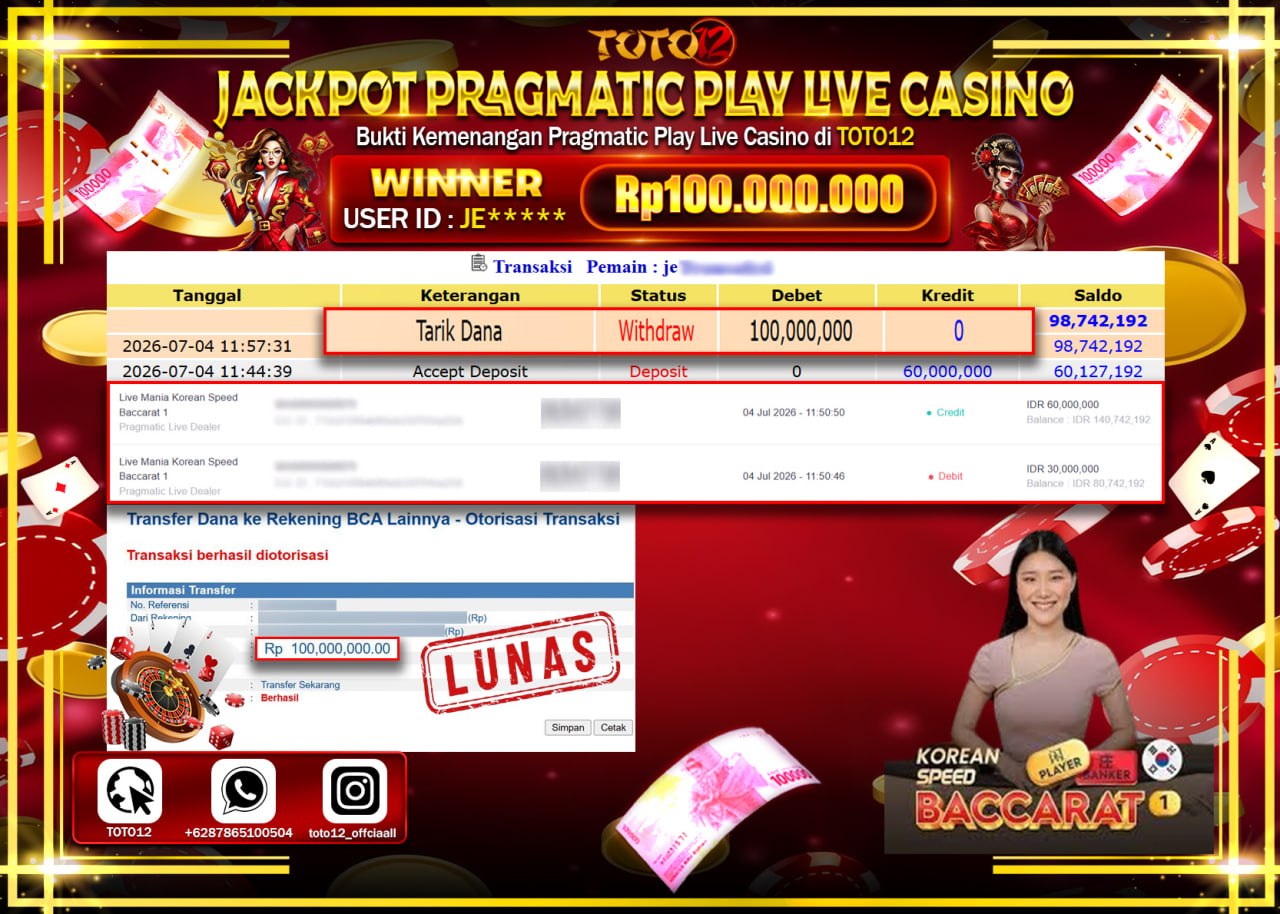 HANYA DI TOTO12 JP PASTI DI BAYAR LUNAS DAN CEPAT!!!!!! JACKPOT PRAGMATIC PLAY LIVE GAME CASINO (LIVE MANIA KOREAN SPEED BACCARAT 1) Rp100.000.000!!!!