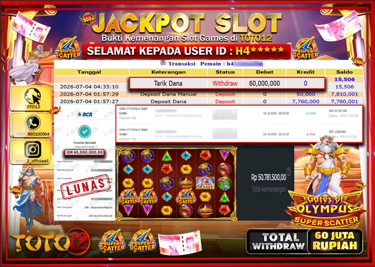 HANYA DI TOTO12 JP PASTI DI BAYAR LUNAS DAN CEPAT!!!!!! JACKPOT SLOT GAME (GATES OF OLYMPUS SUPER SCATTER) Rp60.000.000!!!!