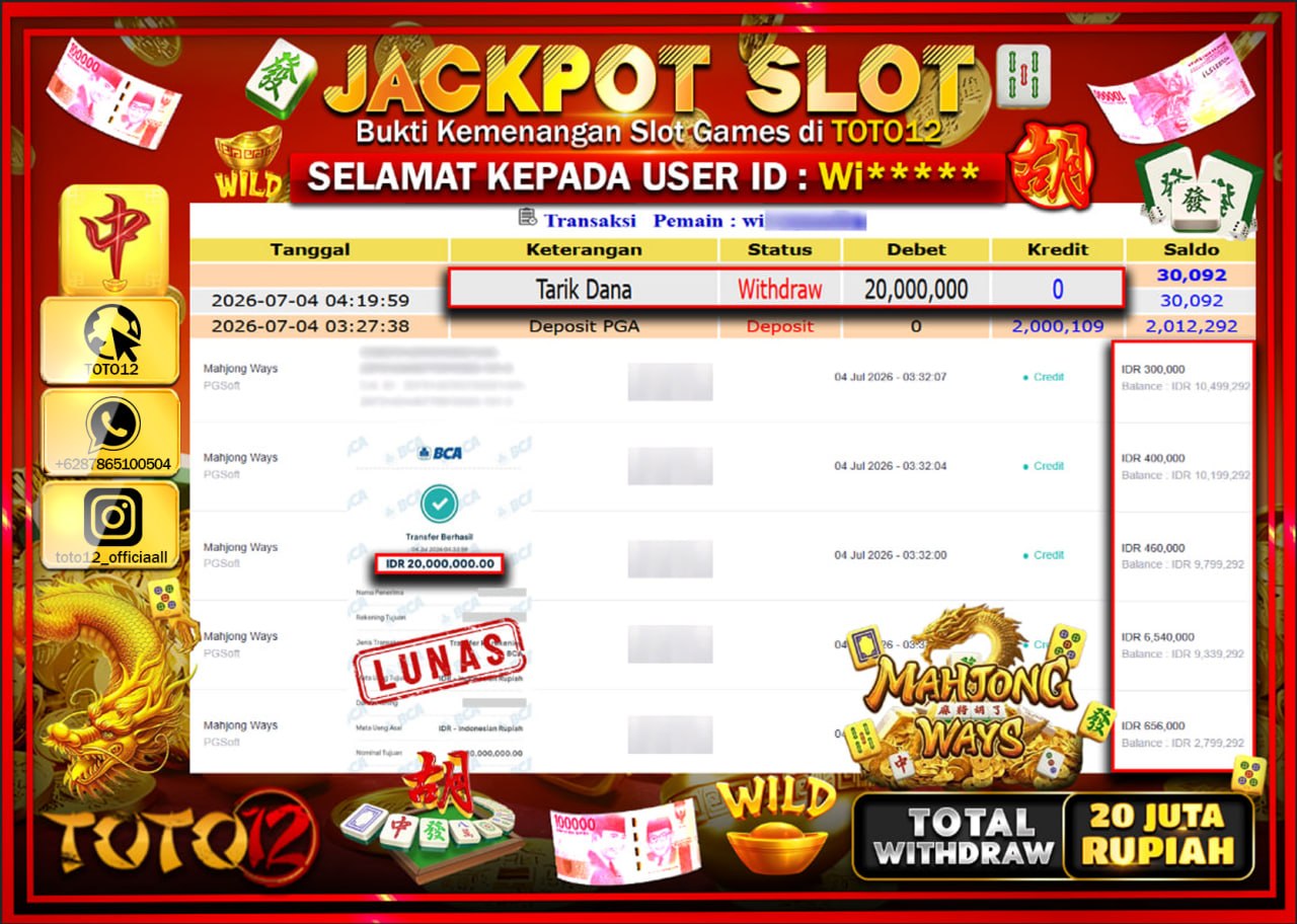 HANYA DI TOTO12 JP PASTI DI BAYAR LUNAS DAN CEPAT!!!!!! JACKPOT SLOT GAME (MAHJONG WAYS) Rp20.000.000!!!!