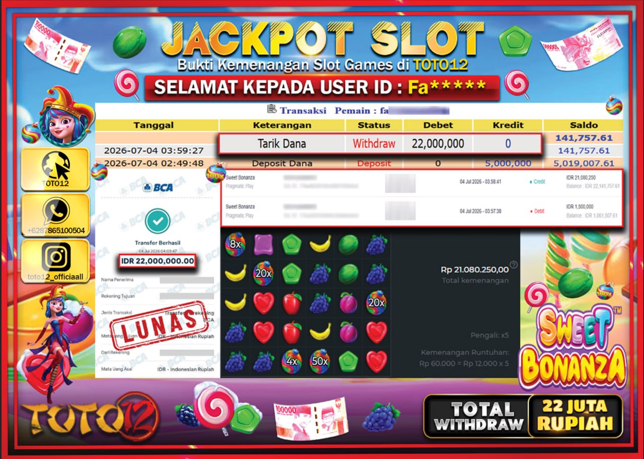 HANYA DI TOTO12 JP PASTI DI BAYAR LUNAS DAN CEPAT!!!!!! JACKPOT SLOT GAME (SWEET BONANZA) Rp22.000.000!!!!