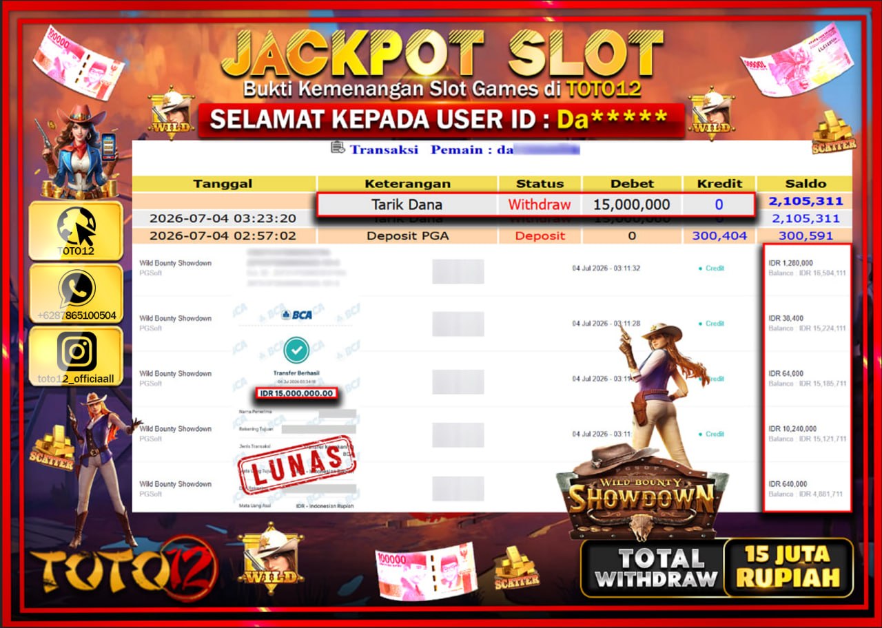 HANYA DI TOTO12 JP PASTI DI BAYAR LUNAS DAN CEPAT!!!!!! JACKPOT SLOT GAME (WILD BOUNTY SHOWDOWN) Rp15.000.000!!!!
