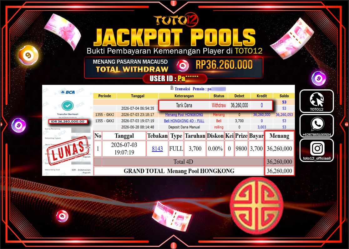 HANYA DI TOTO12 JP PASTI DI BAYAR LUNAS DAN CEPAT!!!!!! JACKPOT POOLS PASARAN (MACAU 5D) Rp36.260.000!!!!