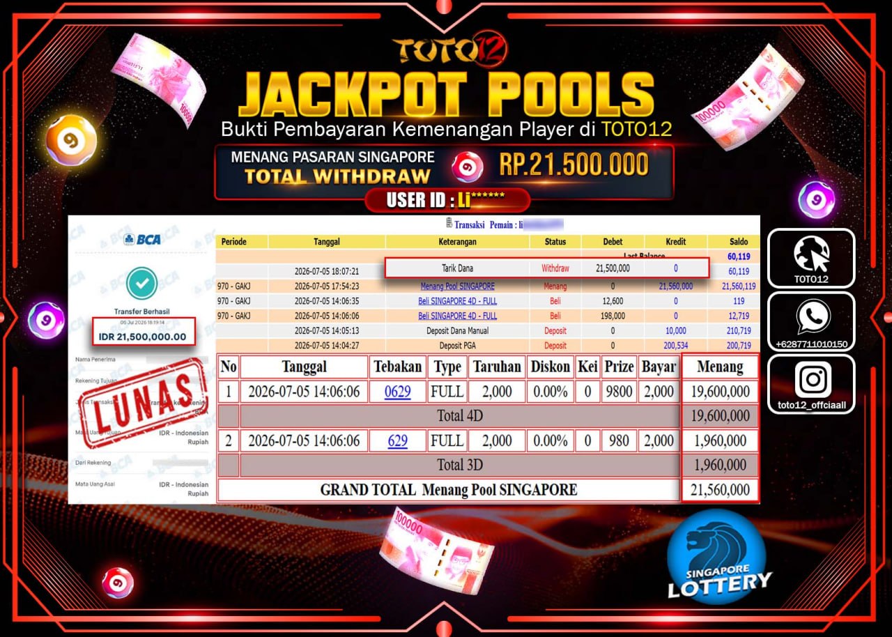 HANYA DI TOTO12 JP PASTI DI BAYAR LUNAS DAN CEPAT!!!!!! JACKPOT POOLS PASARAN (SINGAPORE) Rp21.500.000!!!!