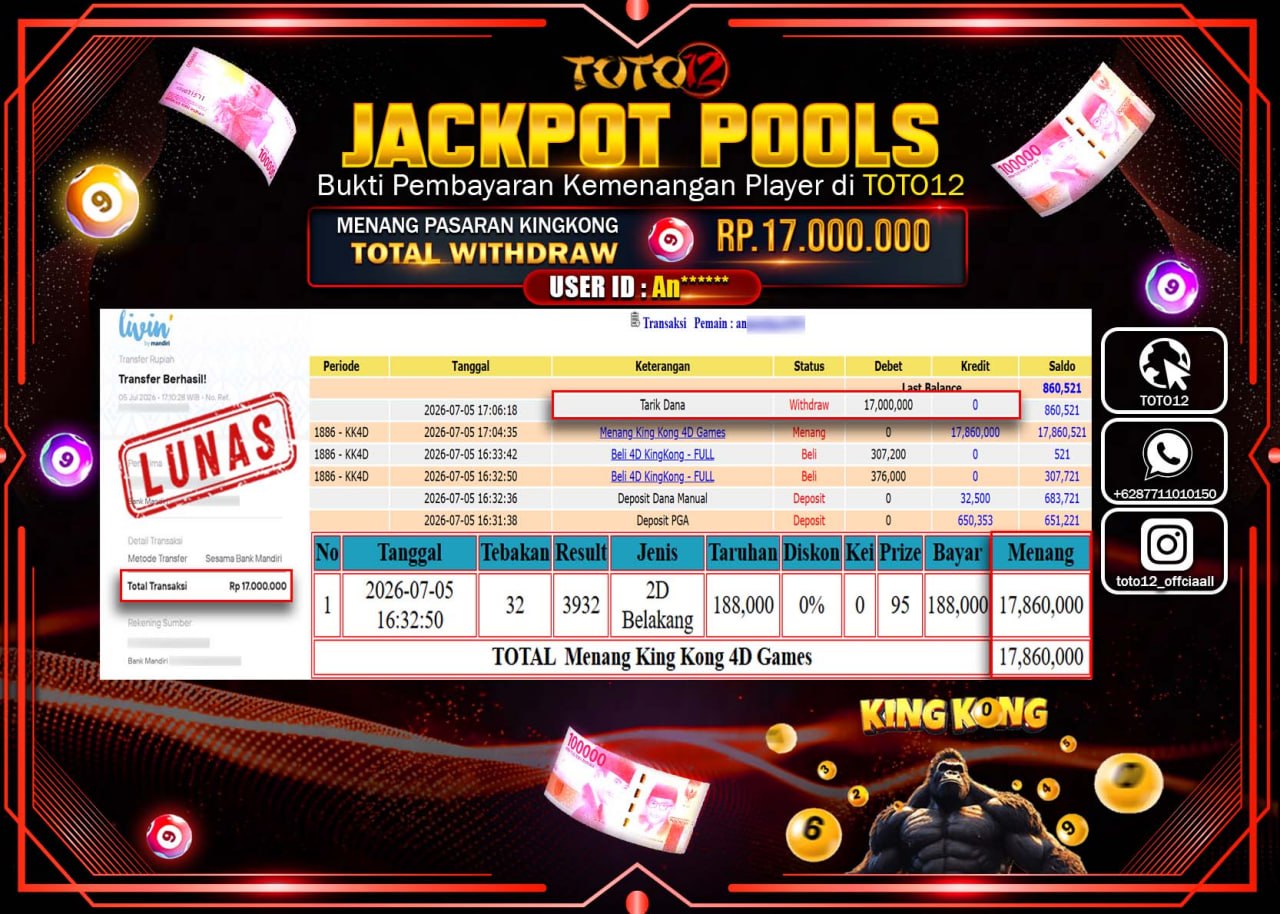 HANYA DI TOTO12 JP PASTI DI BAYAR LUNAS DAN CEPAT!!!!!! JACKPOT POOLS PASARAN (KINGKONG) Rp17.000.000!!!!