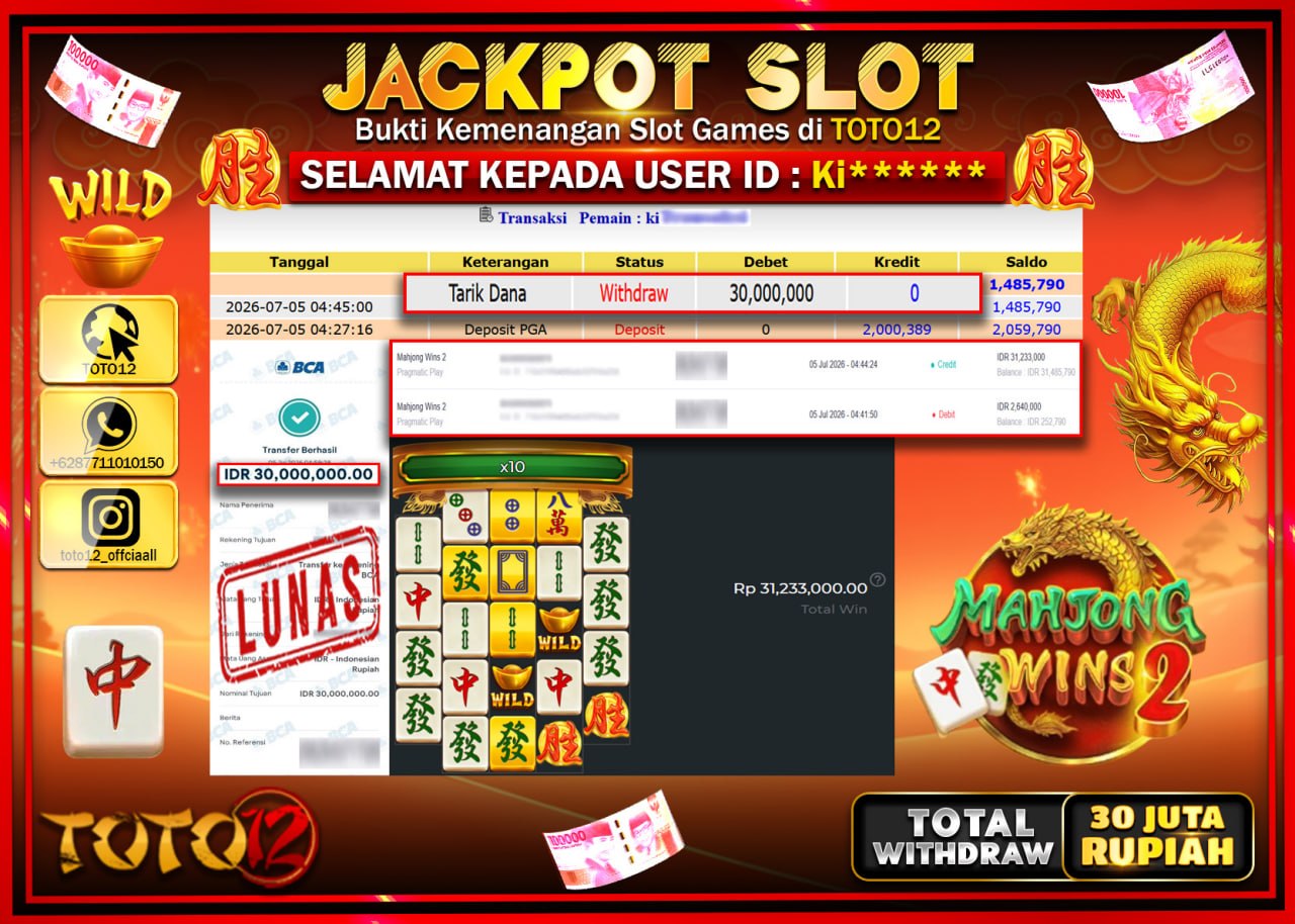 HANYA DI TOTO12 JP PASTI DI BAYAR LUNAS DAN CEPAT!!!!!! JACKPOT SLOT GAME (MAHJONG WINS 2) Rp30.000.000!!!!