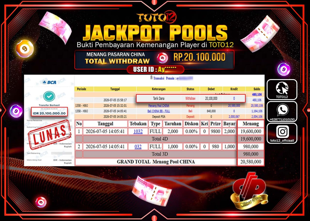 HANYA DI TOTO12 JP PASTI DI BAYAR LUNAS DAN CEPAT!!!!!! JACKPOT POOLS PASARAN (CHINA) Rp20.100.000!!!!