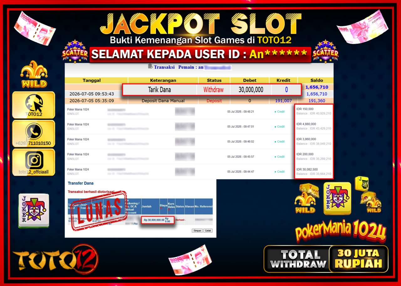 HANYA DI TOTO12 JP PASTI DI BAYAR LUNAS DAN CEPAT!!!!!! JACKPOT SLOT GAME (POKER MANIA 1024) Rp30.000.000!!!!