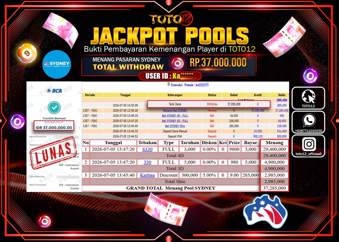 HANYA DI TOTO12 JP PASTI DI BAYAR LUNAS DAN CEPAT!!!!!! JACKPOT POOLS PASARAN (SYDNEY) Rp37.000.000!!!!