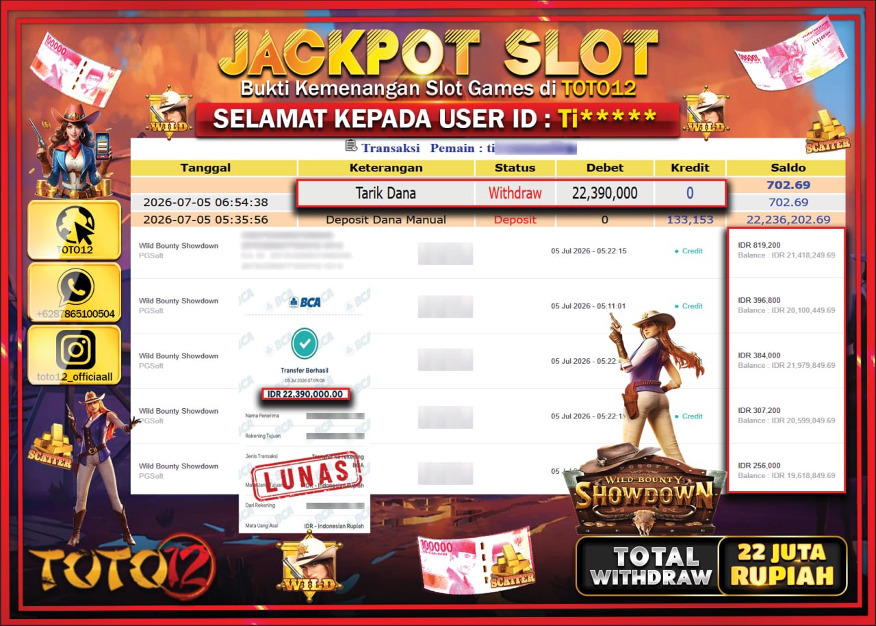 HANYA DI TOTO12 JP PASTI DI BAYAR LUNAS DAN CEPAT!!!!!! JACKPOT SLOT GAME (WILD BOUNTY SHOWDOWN) Rp22.390.000!!!!