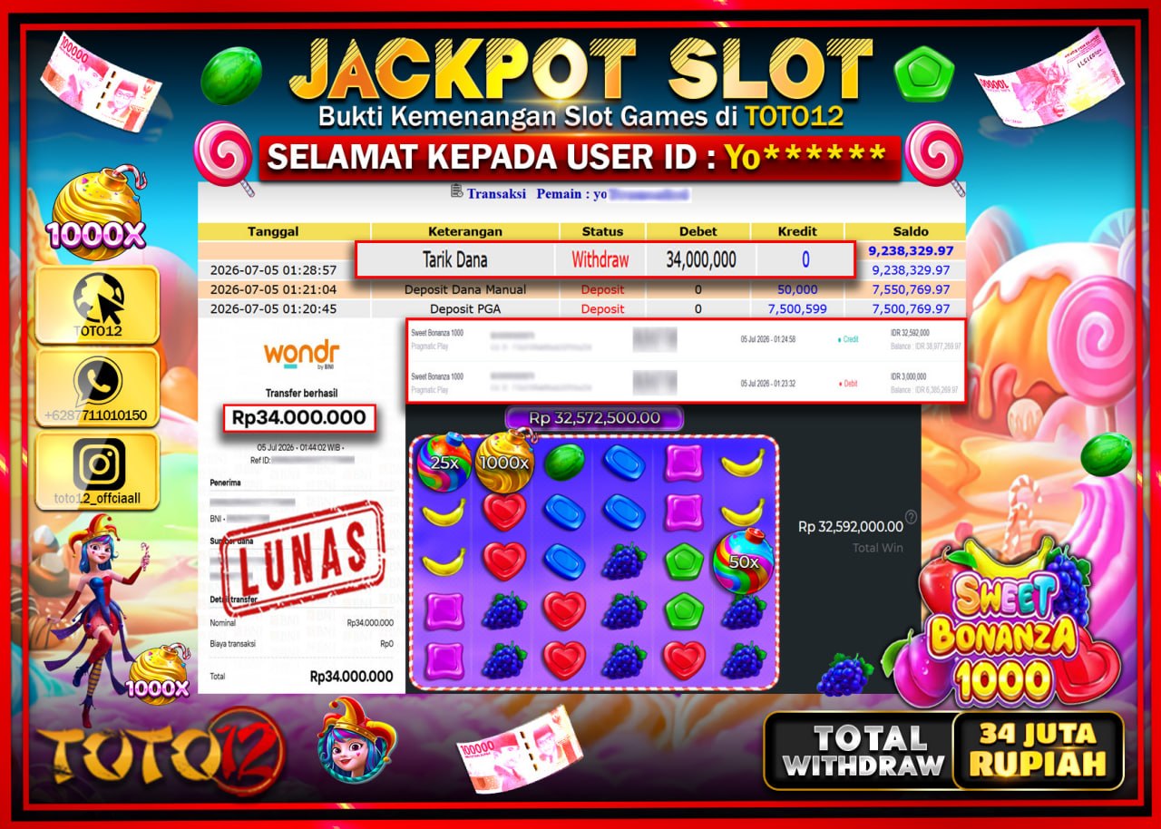 HANYA DI TOTO12 JP PASTI DI BAYAR LUNAS DAN CEPAT!!!!!! JACKPOT SLOT GAME (SWEET BONANZA) Rp34.000.000!!!!
