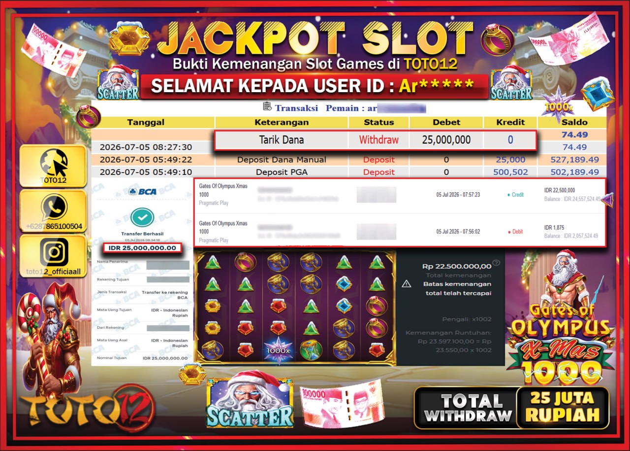 HANYA DI TOTO12 JP PASTI DI BAYAR LUNAS DAN CEPAT!!!!!! JACKPOT SLOT GAME (GATES OF OLYMPUS X MAS 1000) Rp25.000.000!!!!