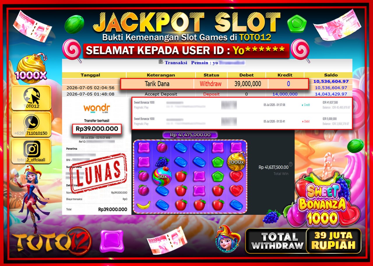 HANYA DI TOTO12 JP PASTI DI BAYAR LUNAS DAN CEPAT!!!!!! JACKPOT SLOT GAME (SWEET BONANZA 1000) Rp39.000.000!!!!