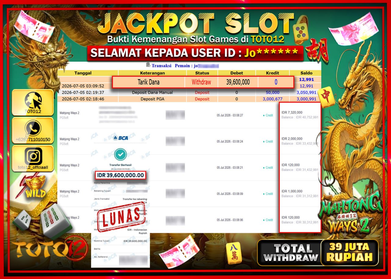 HANYA DI TOTO12 JP PASTI DI BAYAR LUNAS DAN CEPAT!!!!!! JACKPOT SLOT GAME (MAHJONG WAYS 2) Rp39.600.000!!!!