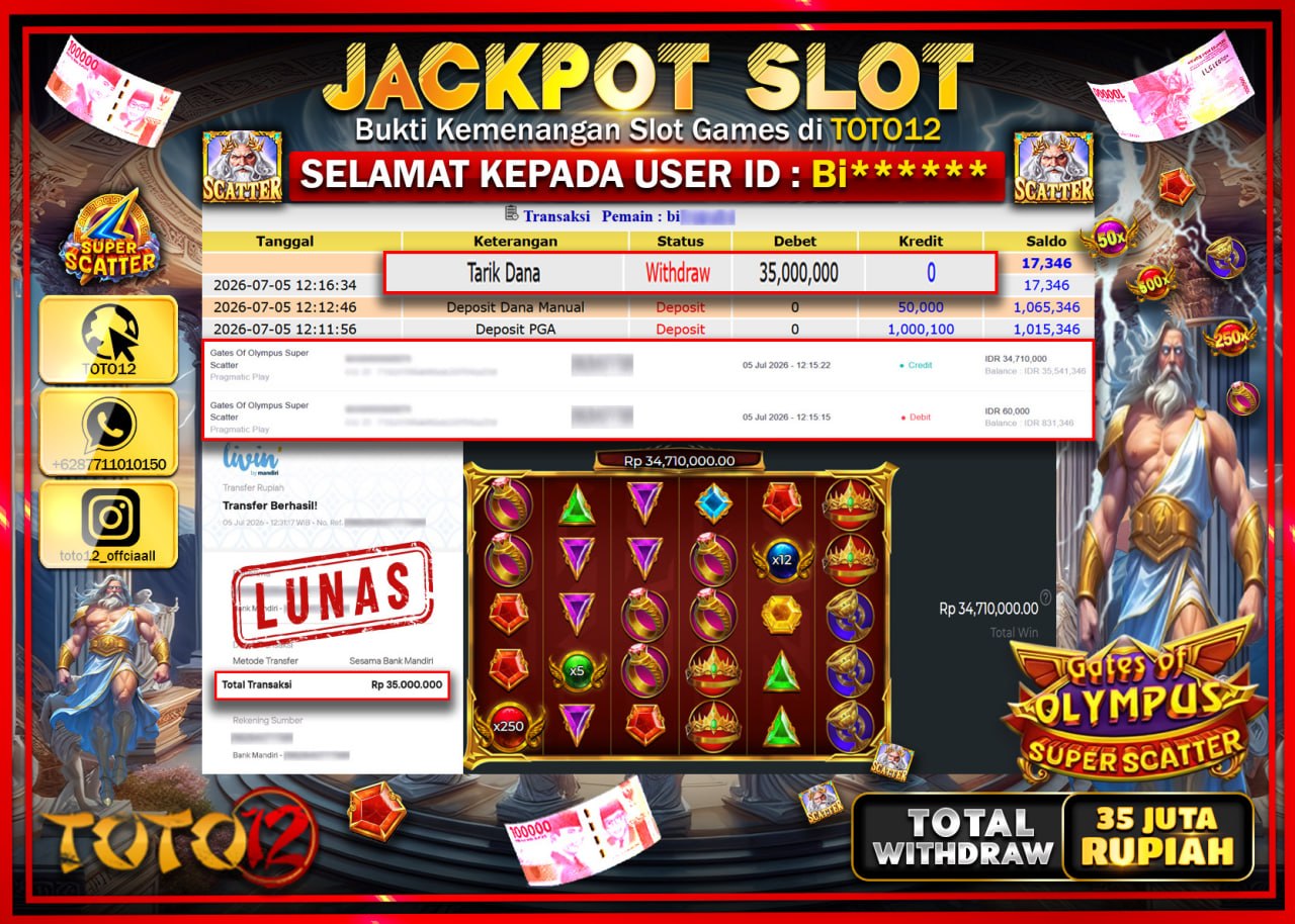 HANYA DI TOTO12 JP PASTI DI BAYAR LUNAS DAN CEPAT!!!!!! JACKPOT SLOT GAME (GATES OF OLYMPUS SUPER SCATTER) Rp35.000.000!!!!