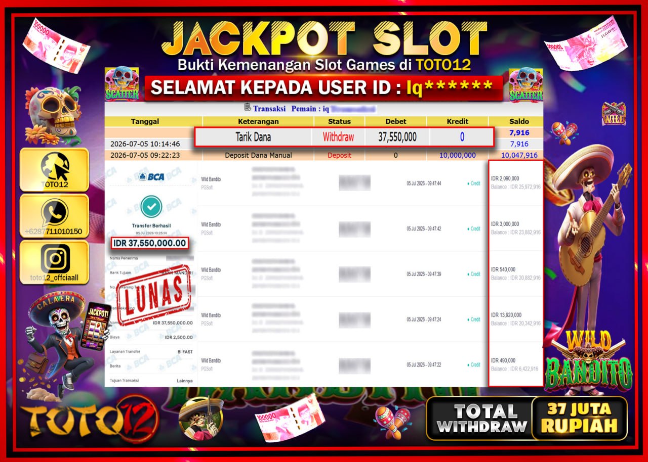 HANYA DI TOTO12 JP PASTI DI BAYAR LUNAS DAN CEPAT!!!!!! JACKPOT SLOT GAME (WILD BANDITO) Rp37.550.000!!!!