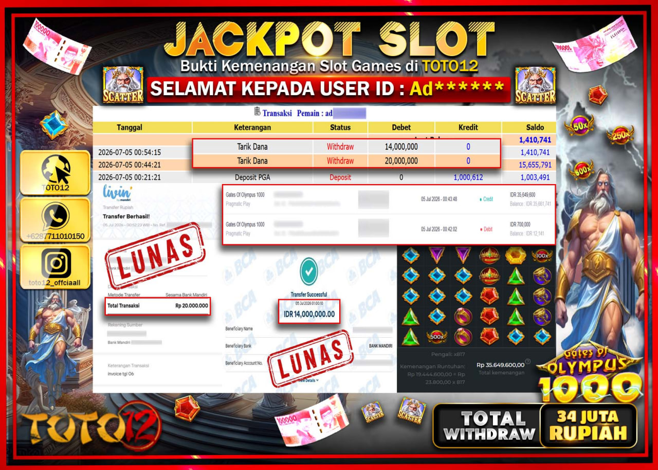 HANYA DI TOTO12 JP PASTI DI BAYAR LUNAS DAN CEPAT!!!!!! JACKPOT SLOT GAME (GATES OF OLYMPUS 1000) Rp34.000.000!!!!