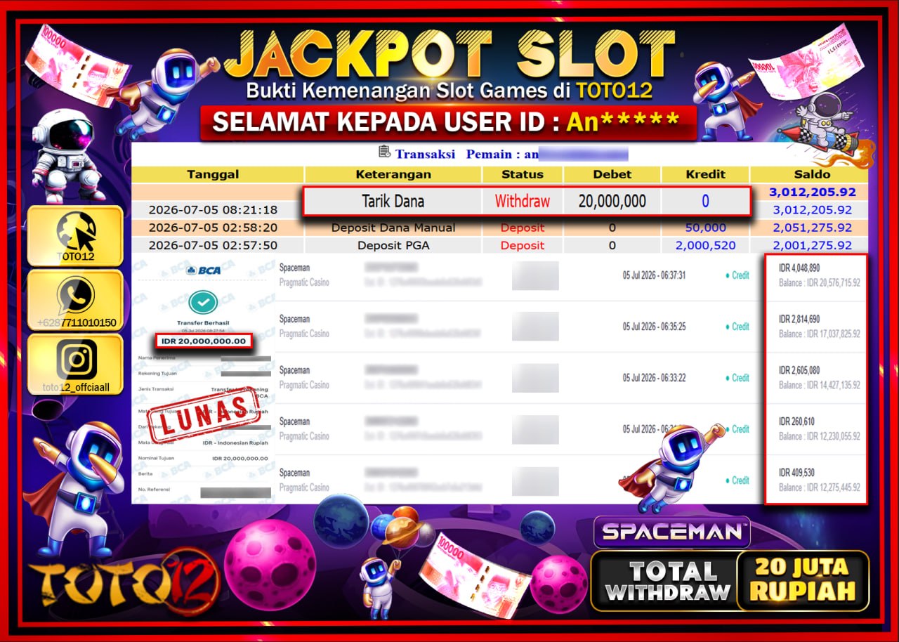 HANYA DI TOTO12 JP PASTI DI BAYAR LUNAS DAN CEPAT!!!!!! JACKPOT SLOT GAME (SPACEMAN) Rp20.000.000!!!!