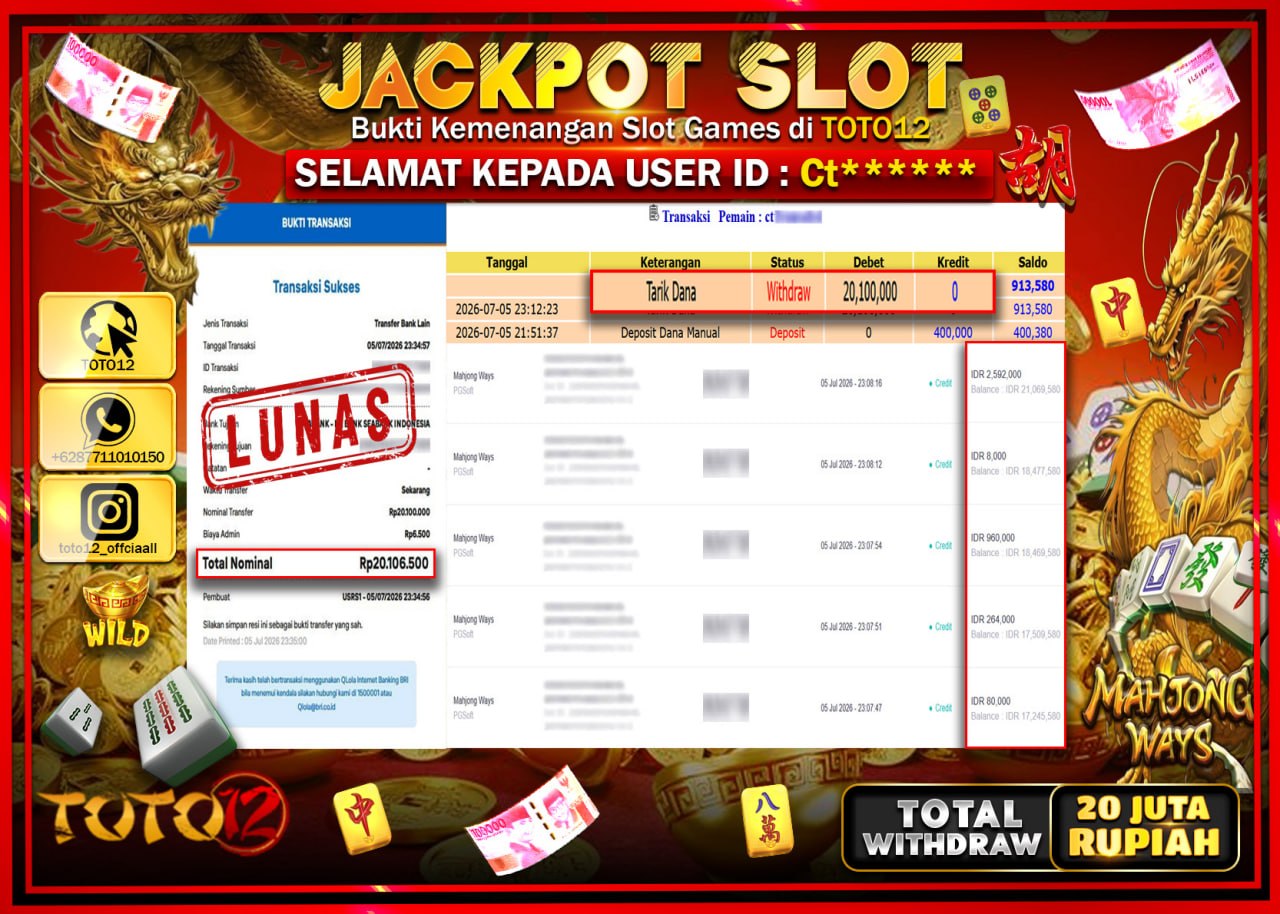 HANYA DI TOTO12 JP PASTI DI BAYAR LUNAS DAN CEPAT!!!!!! JACKPOT SLOT GAME (MAHJONG WAYS) Rp20.100.000!!!!