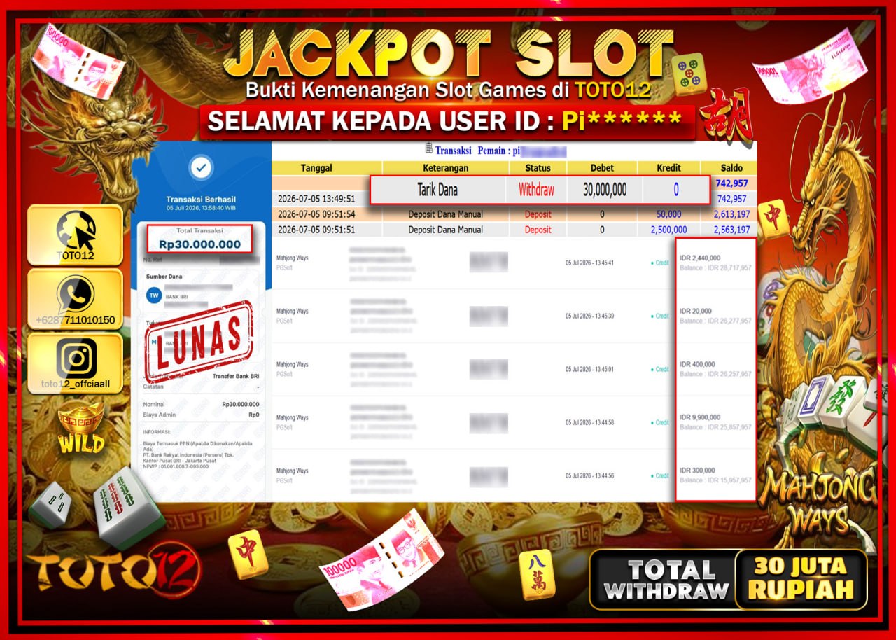 HANYA DI TOTO12 JP PASTI DI BAYAR LUNAS DAN CEPAT!!!!!! JACKPOT SLOT GAME (MAHJONG WAYS) Rp30.000.000!!!!