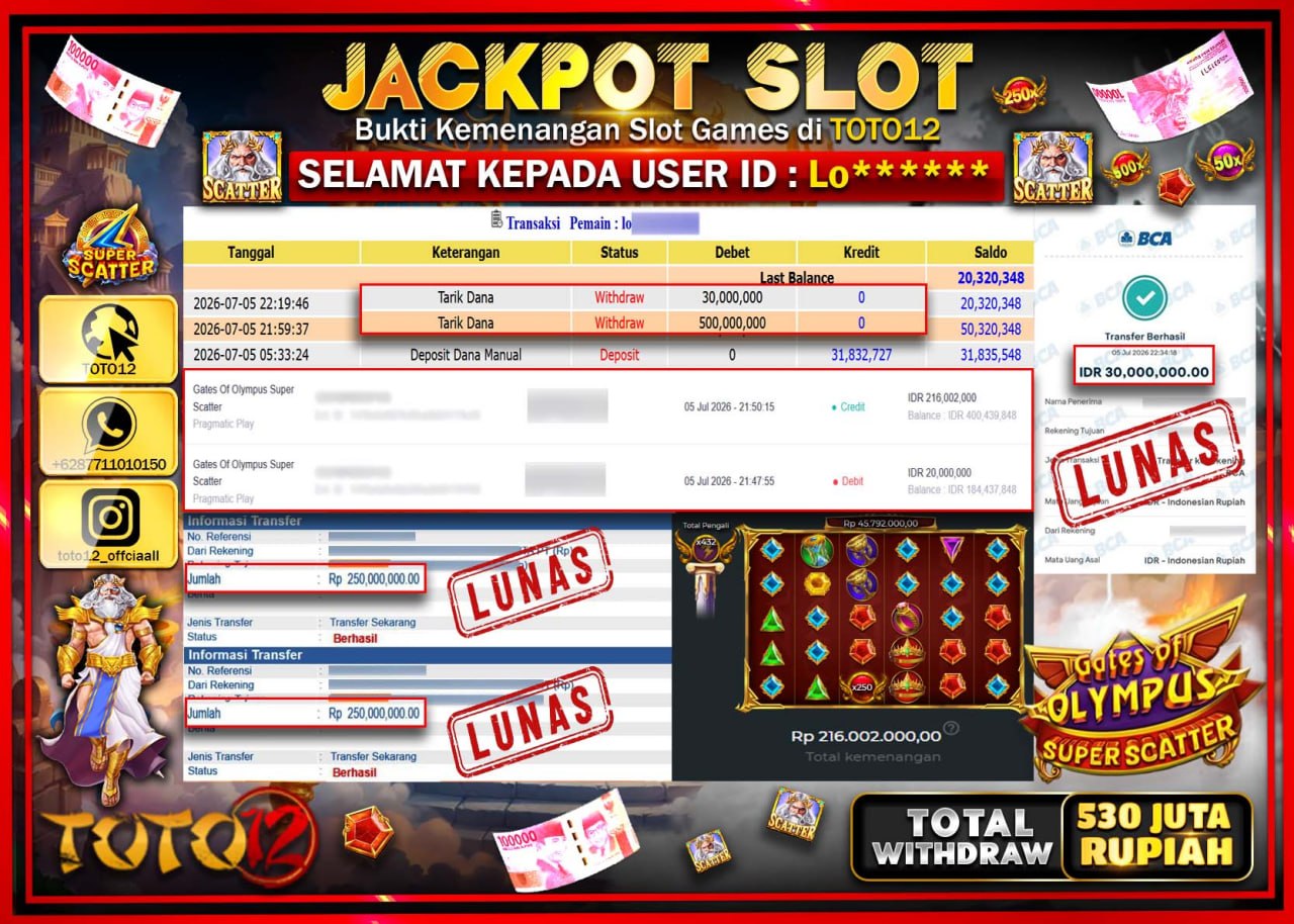 HANYA DI TOTO12 JP PASTI DI BAYAR LUNAS DAN CEPAT!!!!!! JACKPOT SLOT GAME (GATES OF OLYMPUS SUPER SCATTER) Rp530.000.000!!!!