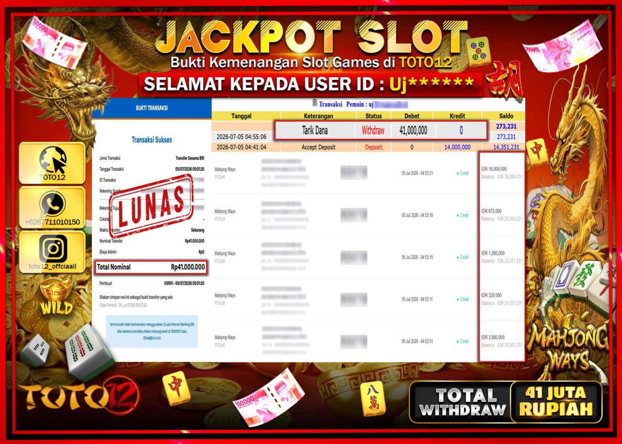 HANYA DI TOTO12 JP PASTI DI BAYAR LUNAS DAN CEPAT!!!!!! JACKPOT SLOT GAME (MAHJONG WAYS) Rp41.000.000!!!!
