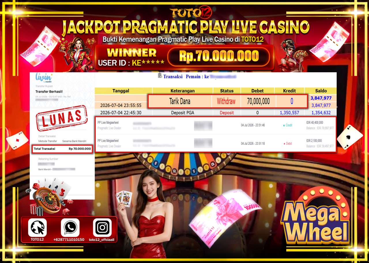 HANYA DI TOTO12 JP PASTI DI BAYAR LUNAS DAN CEPAT!!!!!! JACKPOT PRAGMATIC PLAY LIVE GAME CASINO (PP LIVE MEGAWHEEL) Rp70.000.000!!!!