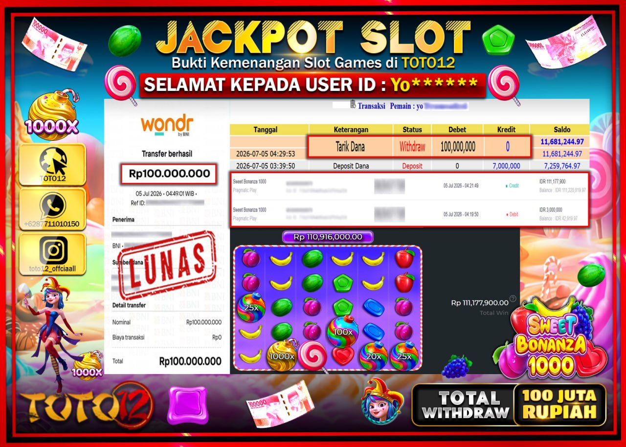 HANYA DI TOTO12 JP PASTI DI BAYAR LUNAS DAN CEPAT!!!!!! JACKPOT SLOT GAME (SWEET BONANZA 1000) Rp100.000.000!!!!