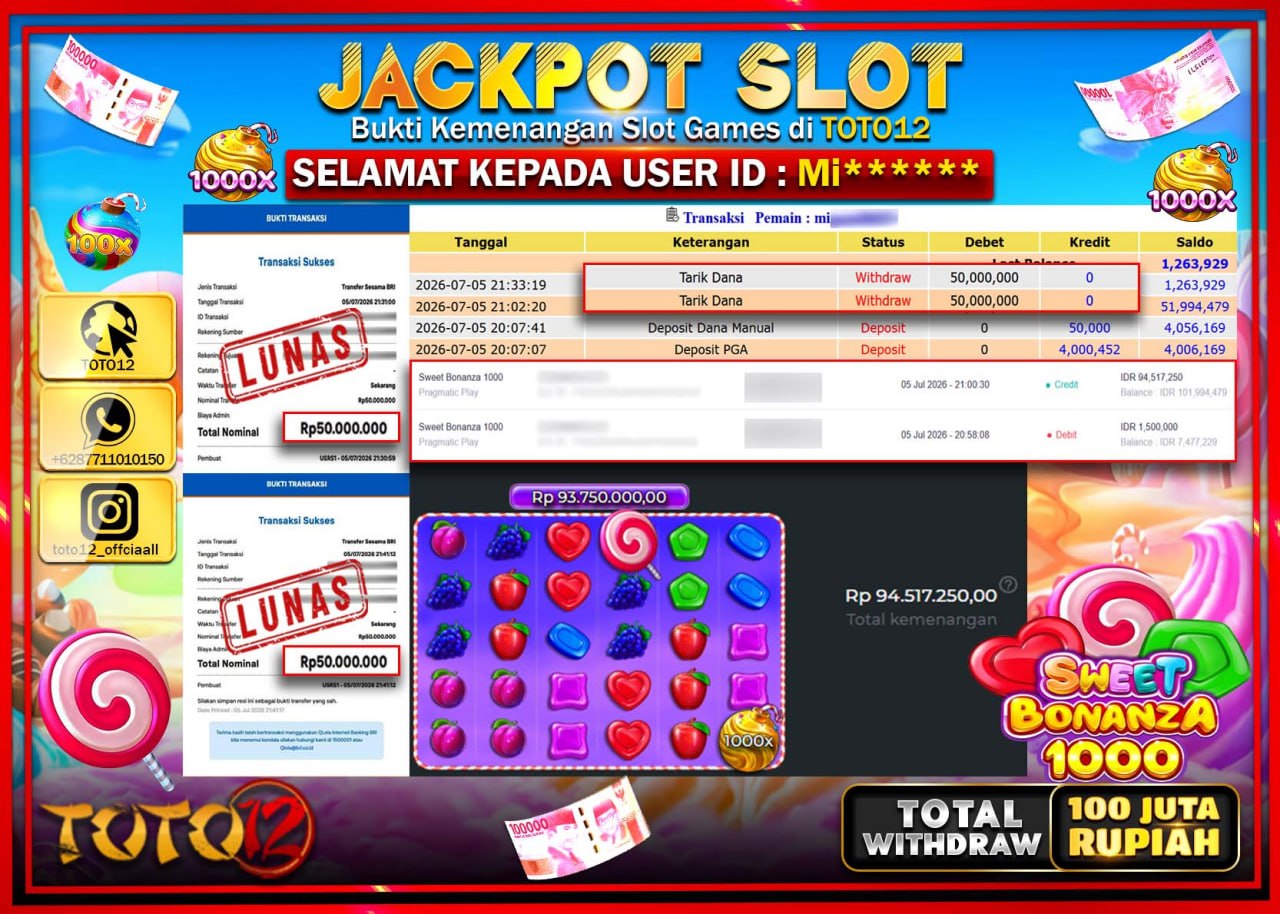 HANYA DI TOTO12 JP PASTI DI BAYAR LUNAS DAN CEPAT!!!!!! JACKPOT SLOT GAME (SWEET BONANZA 1000) Rp100.000.000!!!!