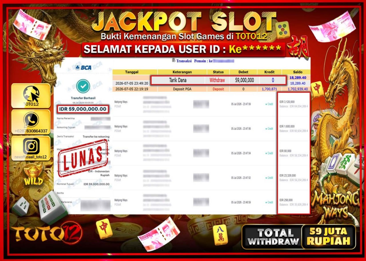 HANYA DI TOTO12 JP PASTI DI BAYAR LUNAS DAN CEPAT!!!!!! JACKPOT SLOT GAME (MAHJONG WAYS) Rp59.000.000!!!!