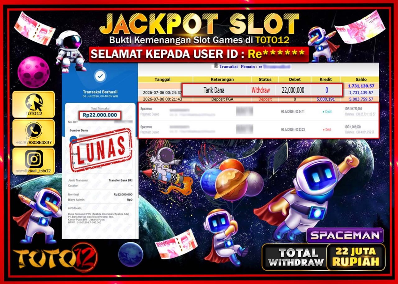 HANYA DI TOTO12 JP PASTI DI BAYAR LUNAS DAN CEPAT!!!!!! JACKPOT SLOT GAME (SPACEMAN) Rp22.000.000!!!!