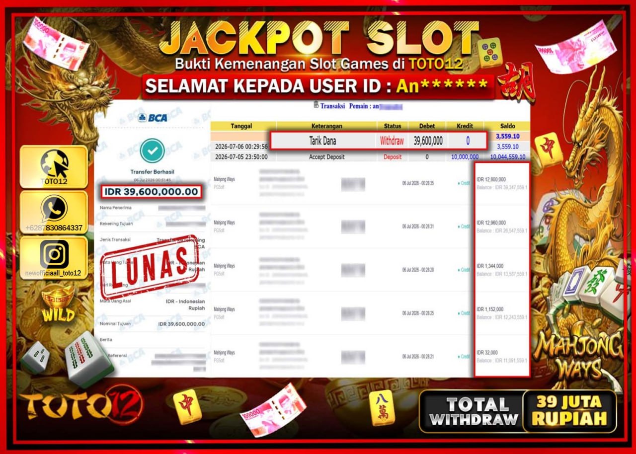 HANYA DI TOTO12 JP PASTI DI BAYAR LUNAS DAN CEPAT!!!!!! JACKPOT SLOT GAME (MAHJONG WAYS) Rp39.600.000!!!!