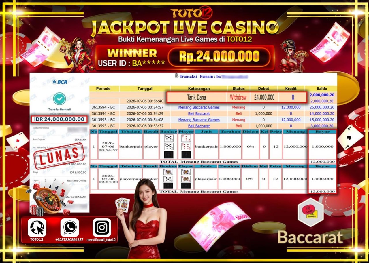HANYA DI TOTO12 JP PASTI DI BAYAR LUNAS DAN CEPAT!!!!!! JACKPOT  LIVE GAME CASINO (BACCARAT) Rp20.000.000!!!!
