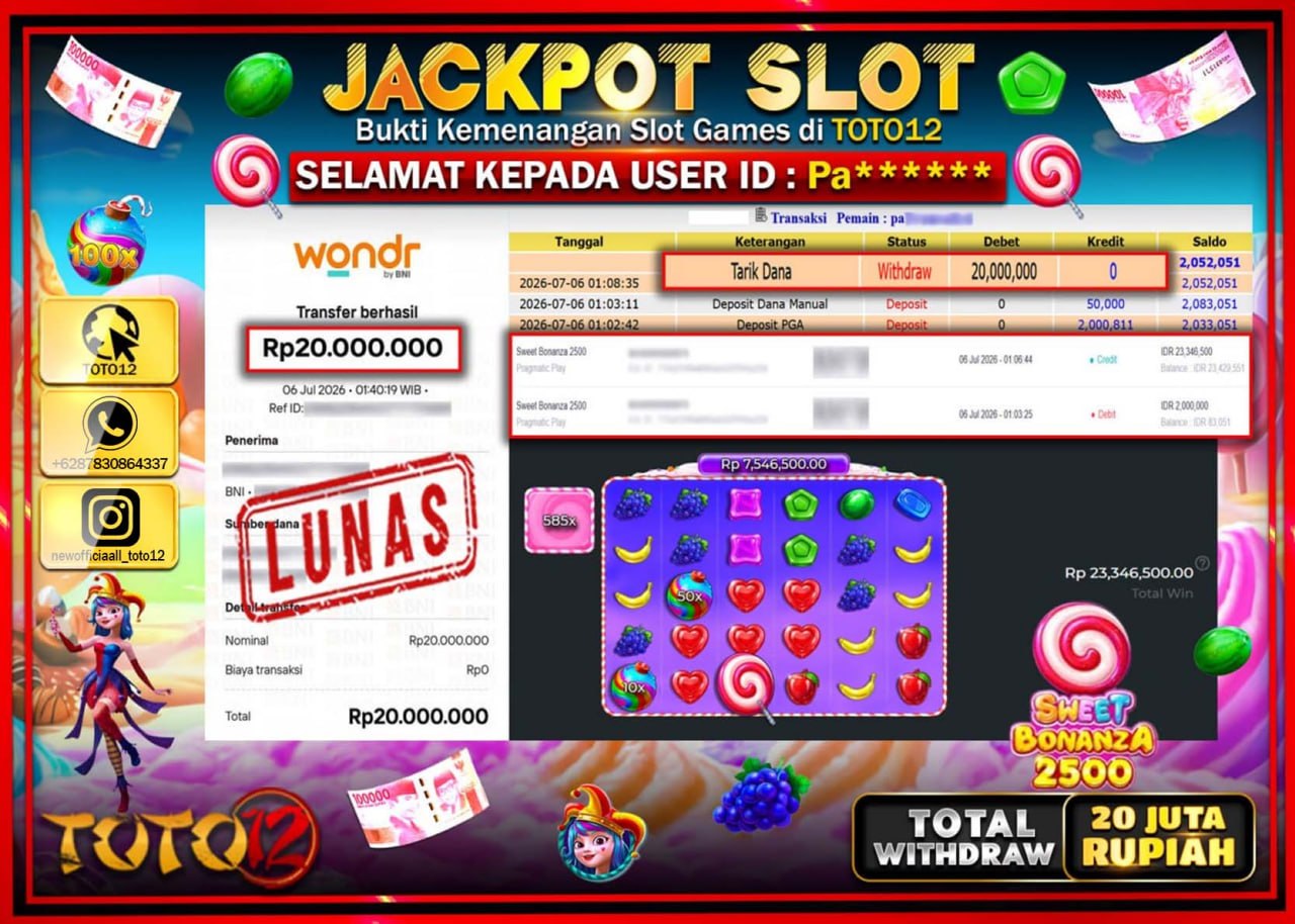 HANYA DI TOTO12 JP PASTI DI BAYAR LUNAS DAN CEPAT!!!!!! JACKPOT SLOT GAME (SWEET BONANZA 2500) Rp20.000.000!!!!