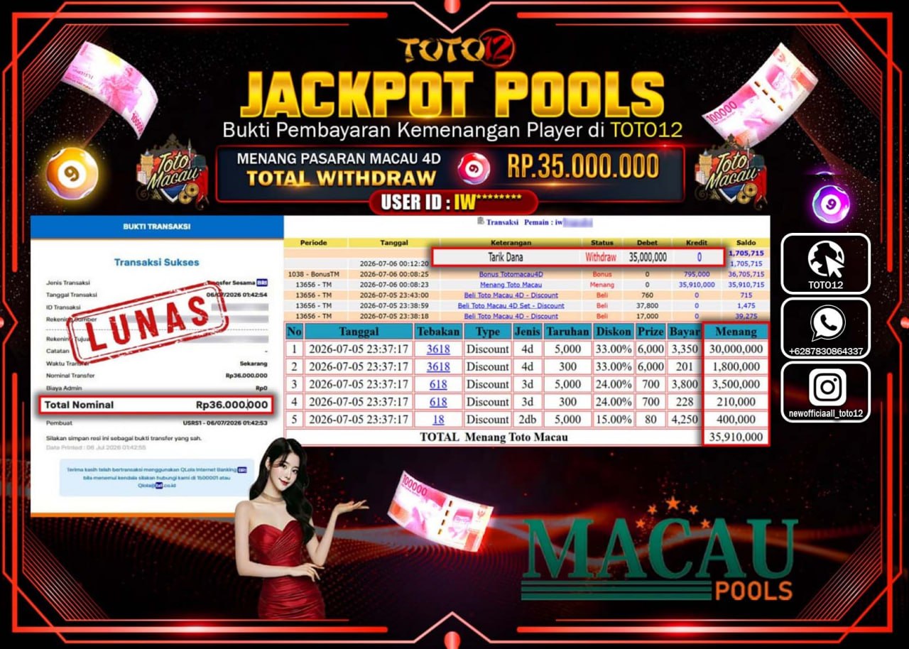 HANYA DI TOTO12 JP PASTI DI BAYAR LUNAS DAN CEPAT!!!!!! JACKPOT POOLS PASARAN (MACAU 4D) Rp35.000.000!!!!