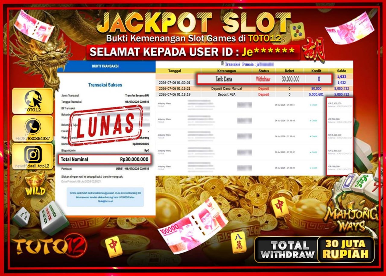HANYA DI TOTO12 JP PASTI DI BAYAR LUNAS DAN CEPAT!!!!!! JACKPOT SLOT GAME (MAHJONG WAYS) Rp30.000.000!!!!