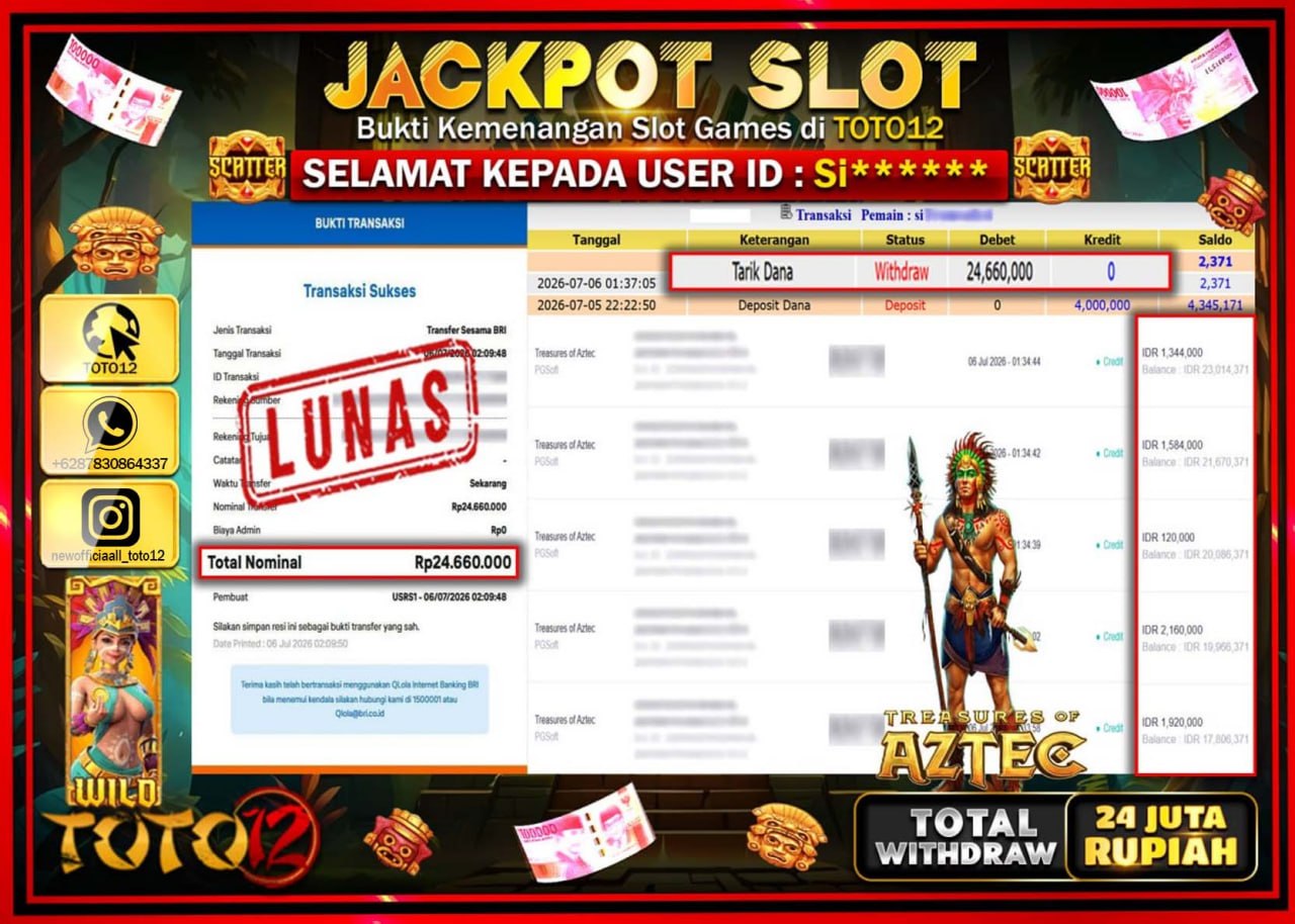 HANYA DI TOTO12 JP PASTI DI BAYAR LUNAS DAN CEPAT!!!!!! JACKPOT SLOT GAME (TREASURES OF AZTEC) Rp24.660.000!!!!
