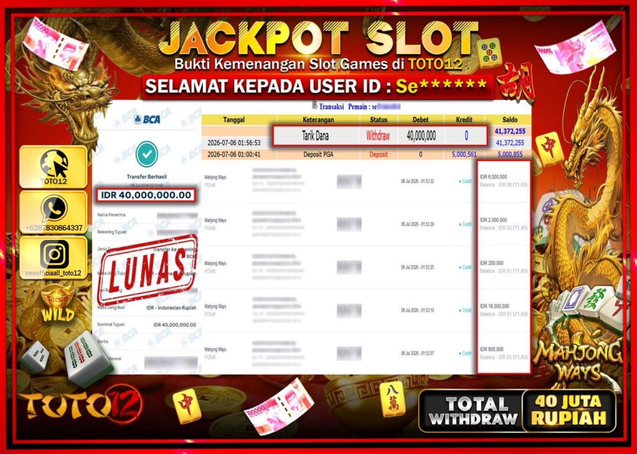 HANYA DI TOTO12 JP PASTI DI BAYAR LUNAS DAN CEPAT!!!!!! JACKPOT SLOT GAME (MAHJONG WAYS) Rp40.000.000!!!!
