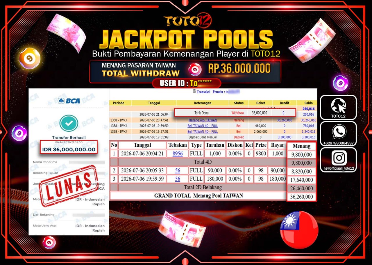 HANYA DI TOTO12 JP PASTI DI BAYAR LUNAS DAN CEPAT!!!!!! JACKPOT POOLS PASARAN (TAIWAN) Rp36.000.000!!!!