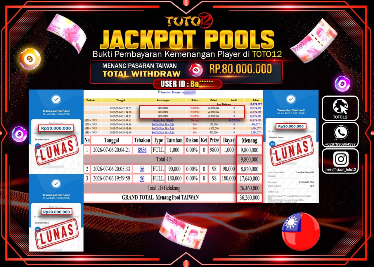 HANYA DI TOTO12 JP PASTI DI BAYAR LUNAS DAN CEPAT!!!!!! JACKPOT POOLS PASARAN (TAIWAN) Rp80.000.000!!!!