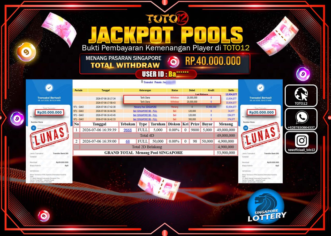 HANYA DI TOTO12 JP PASTI DI BAYAR LUNAS DAN CEPAT!!!!!! JACKPOT POOLS PASARAN (SINGAPORE) Rp40.000.000!!!!